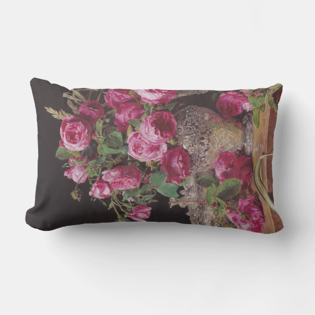 Pink Roses (by Ferdinand Georg Waldmüller) Lumbar Pillow (Front)