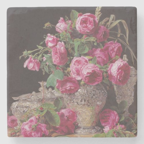 Pink Roses by Ferdinand Georg Waldmller Stone Coaster