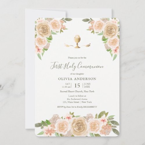 Pink roses calice First Communion Invitation