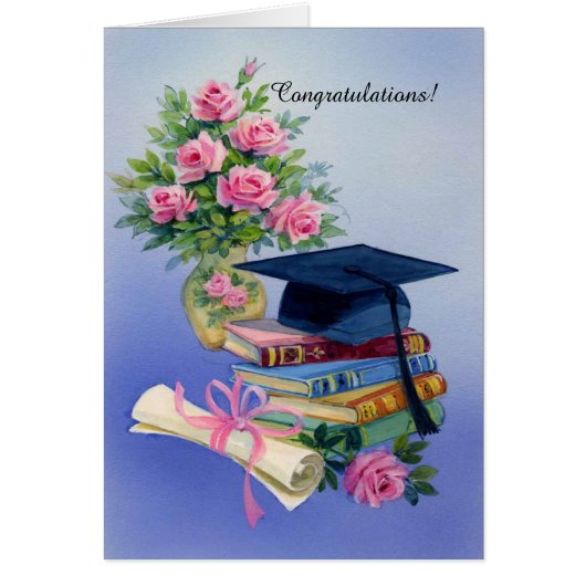 Pink roses cap graduation customizable card (Front)