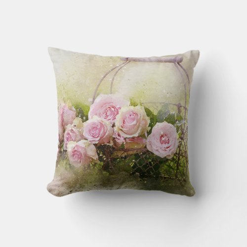 Pink roses  carnations in a basket throw pillow