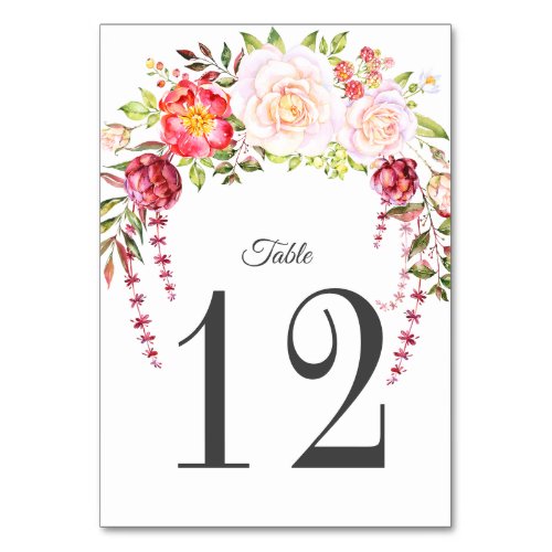 Pink Roses Cascade Wildflowers Greenery Table Number