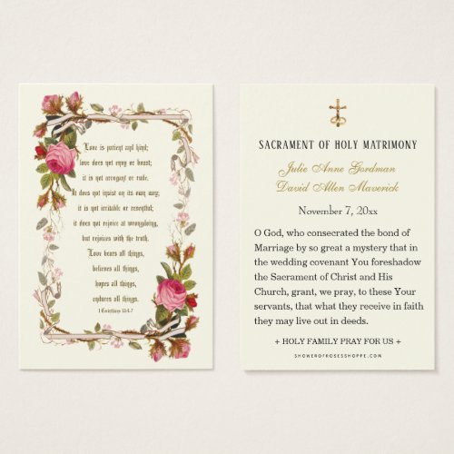Pink Roses Catholic Wedding Prayer Card
