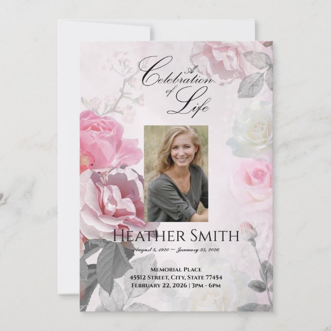 Pink Roses Celebration of Life Funeral Invitation (Front)