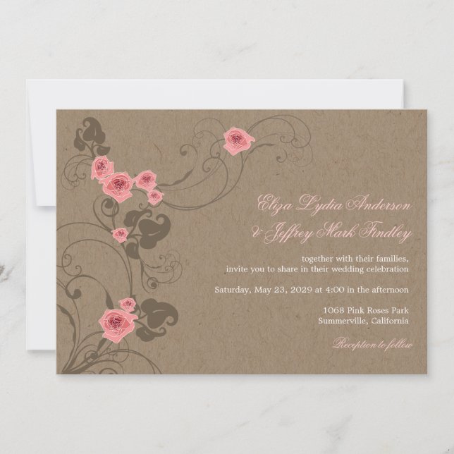 Pink Roses Chic Floral Kraft Rustic Wedding Invite (Front)