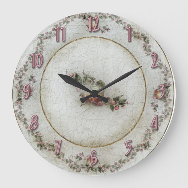 Pink Roses China Plate Large Clock (Front)