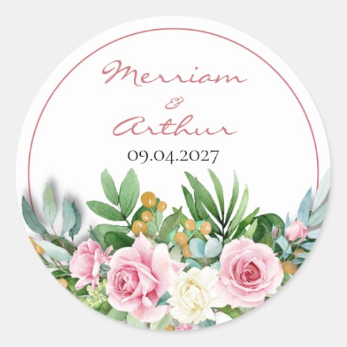 Pink Roses Classic Round Wedding Sticker