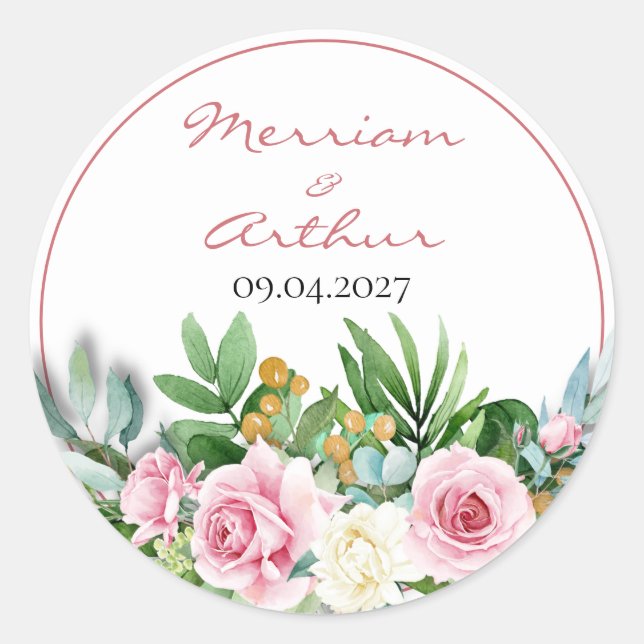 Pink Roses Classic Round Wedding Sticker (Front)