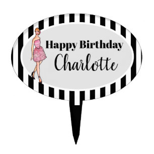 Pink Roses Cocktail Dress Fashion Illustration Cake Topper