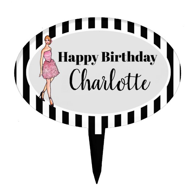 Pink Roses Cocktail Dress Fashion Illustration Cake Topper (Front)
