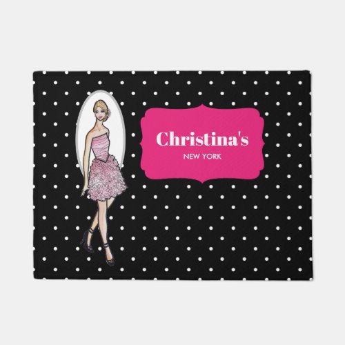 Pink Roses Cocktail Dress Fashion Illustration Doormat