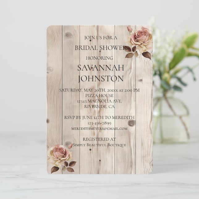 Pink Roses Cream Country Rustic Bridal Shower Invitation (Standing Front)