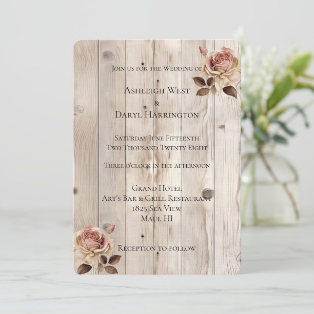 Pink Roses Cream Country Rustic Wood Wedding Invitation (Standing Front)
