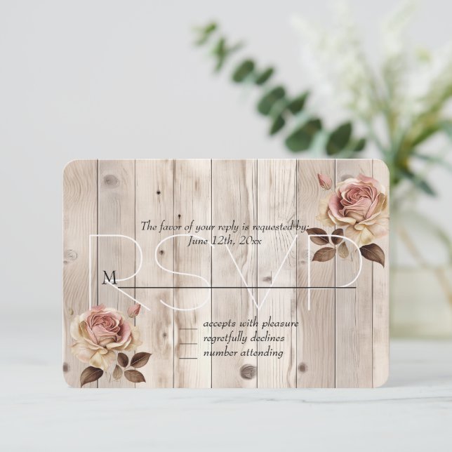 Pink Roses Cream Country Wood Wedding RSVP Card (Standing Front)