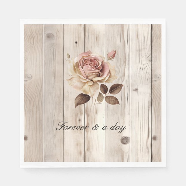 Pink Roses Cream White Wood Wedding Napkins (Front)
