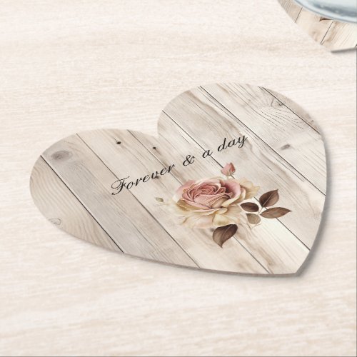 Pink Roses Cream White Wood Wedding Paper Coaster