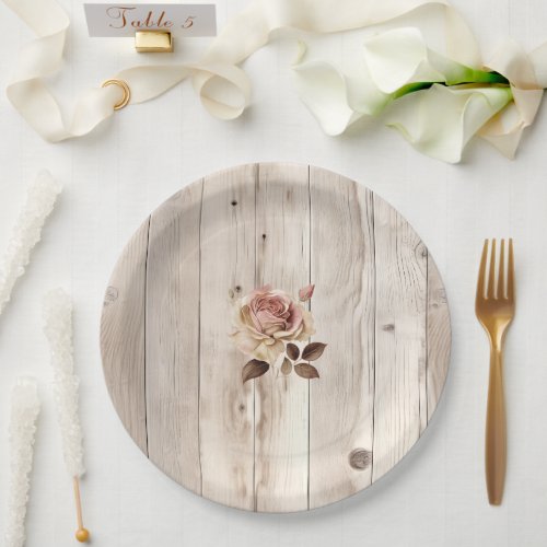 Pink Roses Cream White Wood Wedding Paper Plates