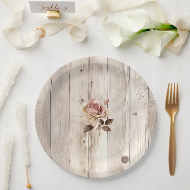 Pink Roses Cream White Wood Wedding Paper Plates (Wedding)