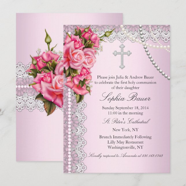 Pink Roses Cross Holy Communion or Baptism Invitation (Front/Back)