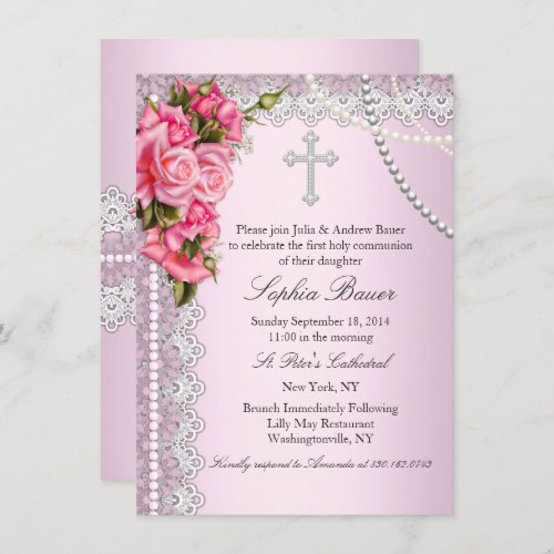 Pink Roses Cross Holy Communion or Baptism Invitation