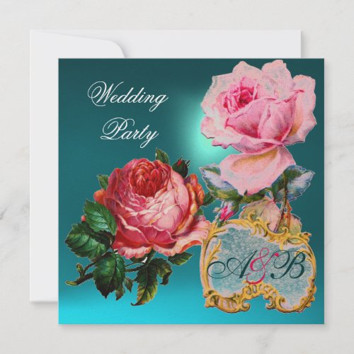 PINK ROSESCUPID LACE HEART BLUE  WEDDING MONOGRAM INVITATION