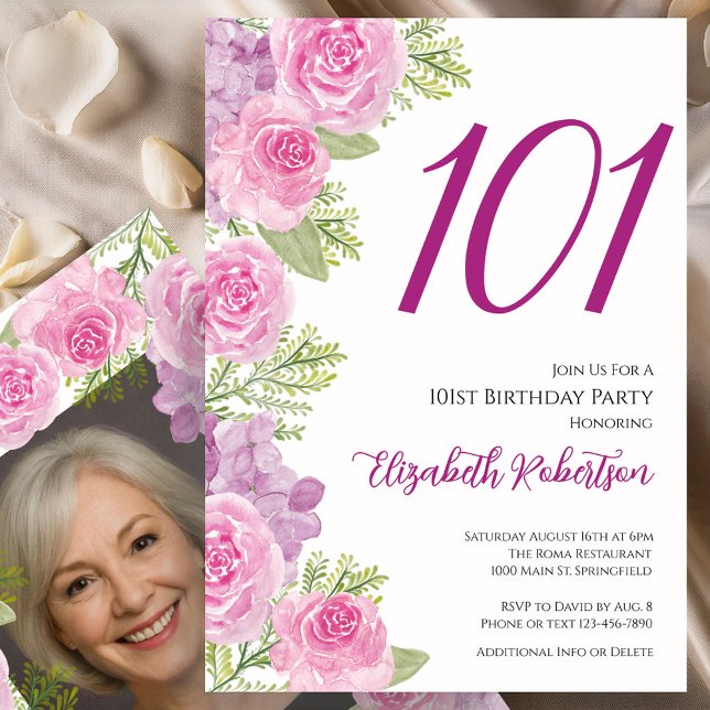 Pink Roses Custom Photo Template 101st Birthday (Creator Uploaded)