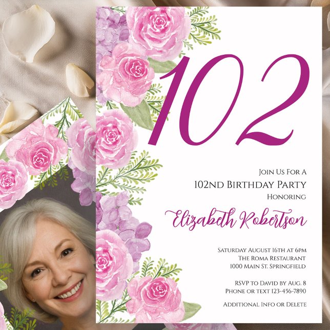 Pink Roses Custom Photo Template 102nd Birthday (Creator Uploaded)