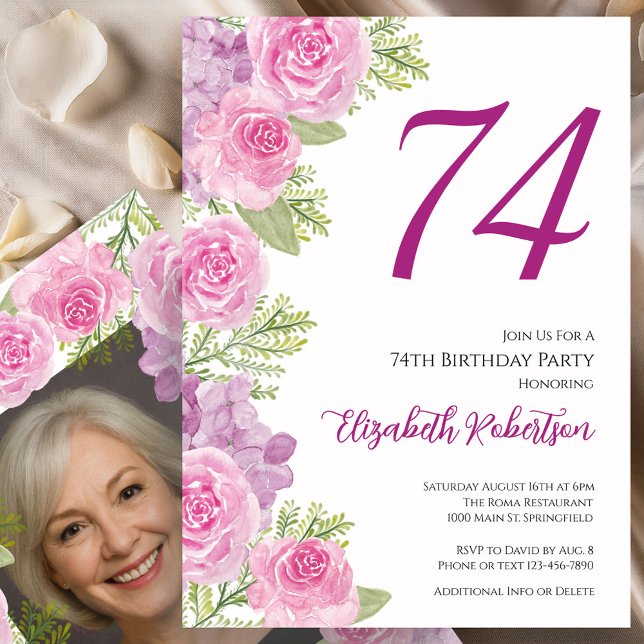 Pink Roses Custom Photo Template 74th Birthday (Creator Uploaded)