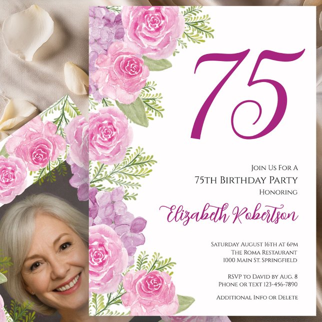 Pink Roses Custom Photo Template 75th Birthday (Creator Uploaded)