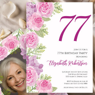 Pink Roses Custom Photo Template 77th Birthday