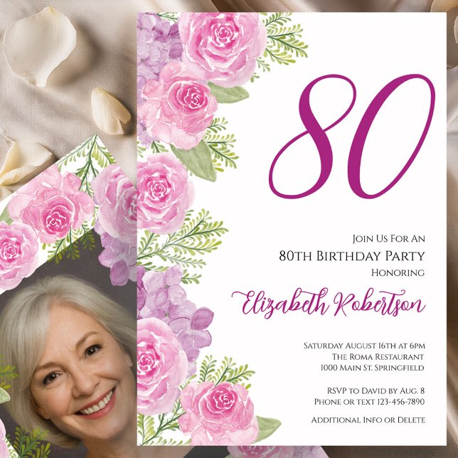 Pink Roses Custom Photo Template 80th Birthday (Creator Uploaded)