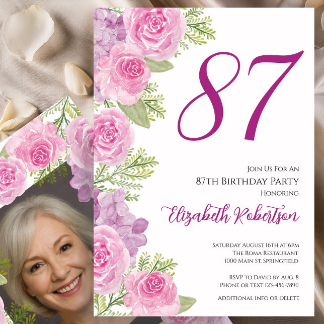 Pink Roses Custom Photo Template 87th Birthday (Creator Uploaded)