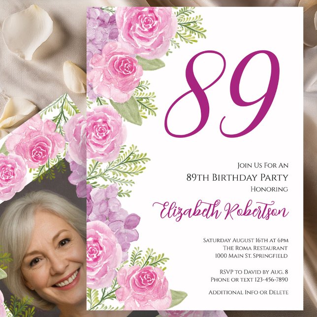 Pink Roses Custom Photo Template 89th Birthday (Creator Uploaded)