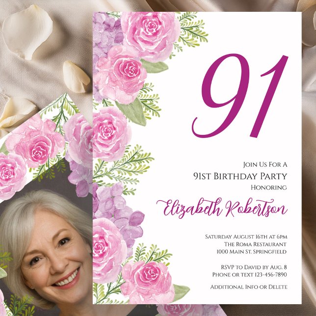 Pink Roses Custom Photo Template 91st Birthday (Creator Uploaded)
