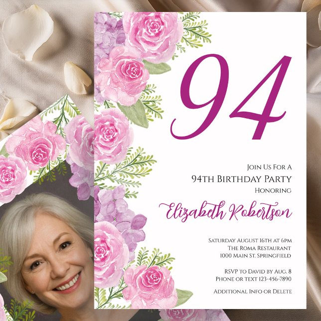 Pink Roses Custom Photo Template 94th Birthday (Creator Uploaded)