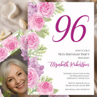 Pink Roses Custom Photo Template 96th Birthday