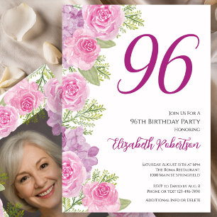 Pink Roses Custom Photo Template 96th Birthday