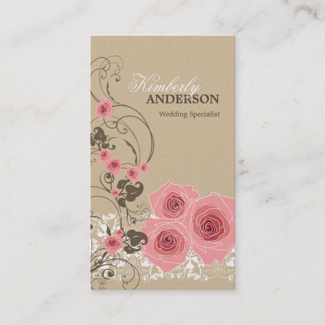 Pink Roses Damask Lace Fleur Elegant Chic Vintage Business Card (Front)
