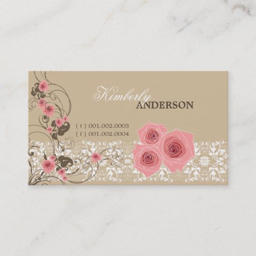 Pink Roses Damask Lace Fleur Elegant Chic Vintage Business Card