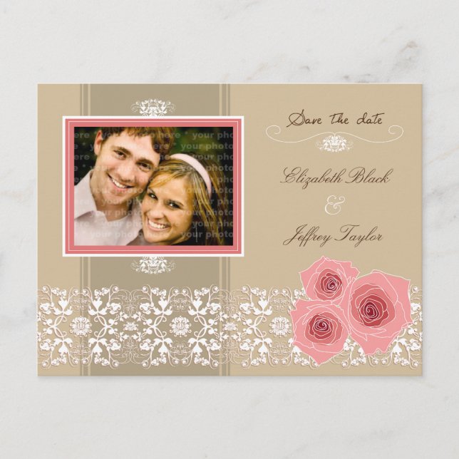 Pink Roses Damask Lace Save The Date Postcard (Front)