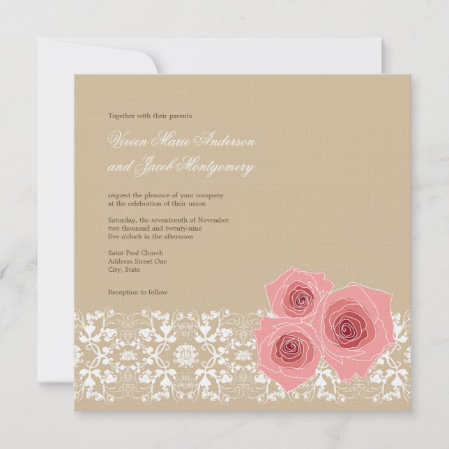 Pink Roses Damask Lace Wedding Invite & Reception (Front)