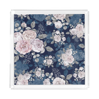 Pink Roses Dark Blue: Vintage Acrylic Tray