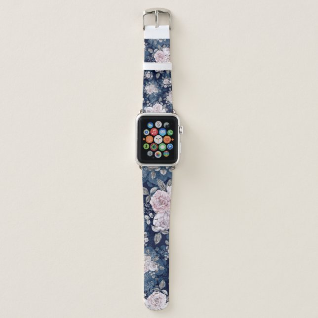 Pink Roses Dark Blue: Vintage Apple Watch Band (Front)