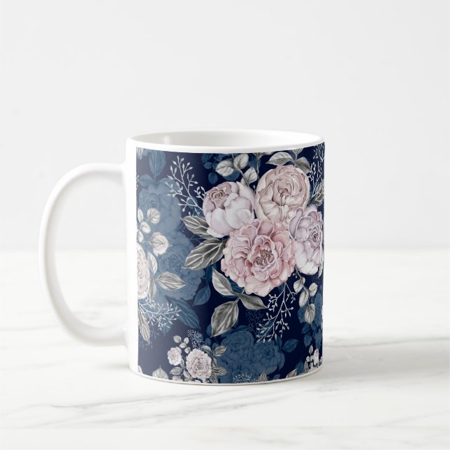 Pink Roses Dark Blue: Vintage Coffee Mug (Left)