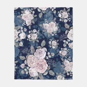Pink Roses Dark Blue: Vintage Fleece Blanket