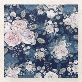 Pink Roses Dark Blue: Vintage Glass Coaster