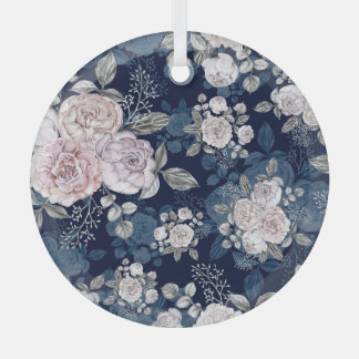 Pink Roses Dark Blue: Vintage Glass Ornament