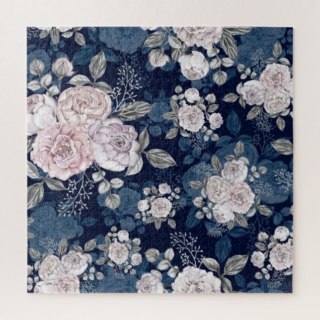 Pink Roses Dark Blue: Vintage Jigsaw Puzzle (Vertical)