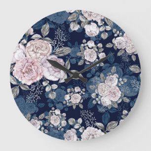 Pink Roses Dark Blue: Vintage Large Clock