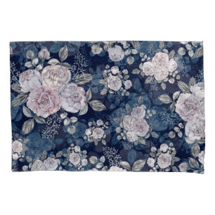 Pink Roses Dark Blue: Vintage Pillow Case